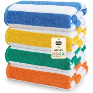 - Grandes Serviettes De Plage/Piscine Cabana Stripe (76 X 152 Cm) - 100% Coton Fil&eacute;, Douces Et &Agrave; S&eacute;chage Rapide (Lot De 4 - Bleu, Jaune, Vert Et Orange) - Neuf