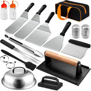 Ustensiles Plancha, Accessoire Plancha Comprend Smash Burger, Cloche Plancha, Spatule Plancha, Kit Plancha Set Barbecue pour Teppanyaki Barbecue de Gril Camping, 18 Pièces - Neuf