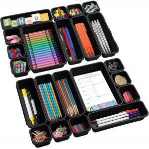 Organisateur Rangement Tiroir,22 Séparateurs De Tiroir De Bureau,3 Tailles,Plateaux En Plastique Pour Le Rangement De Commode,Cosmétiques,Papeterie De Bureau,Ustensiles De Cuisine(Noir) - Neuf