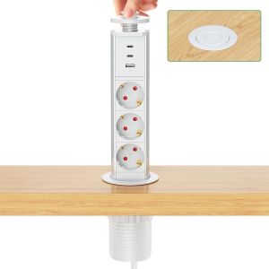 Multiprise Encastrable 3 Prises Avec 2 Usb C Pd20W, Bloc Prise Escamotable Prise Plan De Travail Table, 4000W/16A, Ø 60Mm Câble 1,8M - Pour Cuisine Bureau[DYB982305] - Neuf