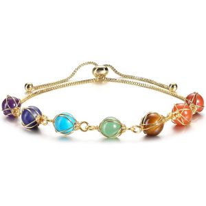 Eryi-7 Pierres Chakras Bracelet Avec Chaîne Cuivre 14k Or Doré Retro Diy Pierre D¿Energie Pierre Précieuses Extensible Bracelet Femme Filles - Neuf