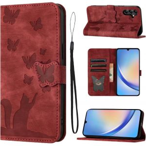 Sansh-Housse Protection Pour Samsung Galaxy A34 6.6 Pouces Matériau En Cuir Pu Coque Samsung A34 5g Avec Fentes Pour Cartes Étui Motif Papillon Chat Rouge - Neuf