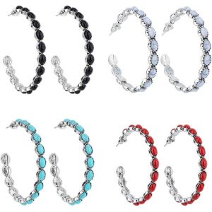 Kal-4 Paire De Boucles D'oreilles Boh&egrave;mes Turquoise Pendantes G&eacute;om&eacute;triques Vintage Boucles D'oreilles Pendantes Cercle Turquoise Grandes Boucles D'oreilles En Alliage Bijoux Pour Femme - Neuf