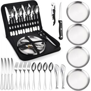 Checarzhn--No1-14 Pcs Set De Couverts De Camping Portable,Couverts De Voyage En Acier Inoxydable,Pour 2 Personnes -Kit De Vaisselle Camping Portable, Fourchettes, Cuillères, Couteaux, Assiettes,Ouvre-Bouteille - Neuf