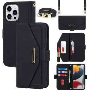 Case Compatible With Iphone 13 Pro Case With Cord, Flip Wallet Leather Case, [5 Card Holders] [Mirror] [Magnetic] [Adjustable Collar] Cover  Black - Neuf