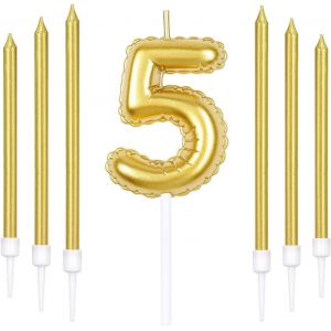 Eryi-Lot De Bougies D'anniversaire Dorées En Forme De Chiffre 5 Avec 6 Bougies Longues, 5 Bougies Pour 5e Anniversaire, Décoration De Gâteau Pour Fête D'anniversaire, Anniversaire De Mariage - Neuf