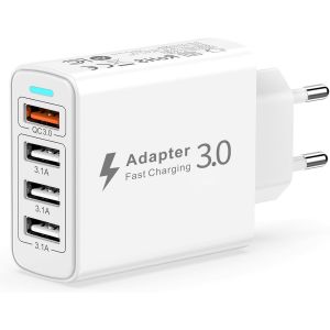 Multiple Usb Charger 4 Port, Multiple Usb Socket 33w Qc3.0 Fast Usb Charger, Multiple Usb Mains Adapter Usb Multi Phone Charger For Iphone 14/13/12/11/Xs/8/7, Samsung S23/S22, Xiaomi - Neuf