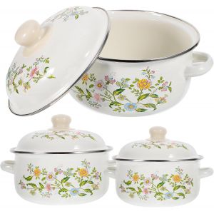 Letnerny-Lot De 3 Marmites À Soupe En Émail Avec Couvercle - Style Rétro - Pour Cuisine - Fond Plat - Vintage - Pour Cuisinière - Neuf