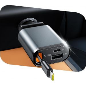 Rétractable Chargeur Voiture, 57W 3 En 1 Chargeur Rapide Pd3.0 Prise Adaptateur Usb Chargeur Telephone Avec Led Voltmètre Pour Iphone, Android, Samsung[CAR781441] - Neuf