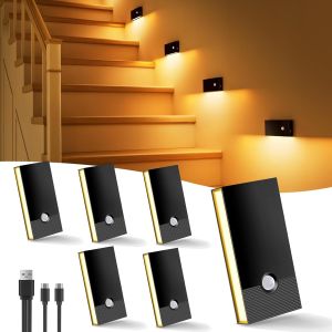 Veilleuse Detecteur De Mouvement, Lot De 6 Lampe Detecteur De Mouvement Interieur 2700k, Usb Rechargeable Veilleuse À Induction Pour Armoires, Chambres, Escaliers, Cuisines, Couloirs, Noir - Neuf