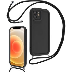 JGD-Coque pour iPhone 12 6,1"" avec Cordon de Collier R&eacute;glable, Etui Protection de la Cam&eacute;ra Silicone Souple TPU Antichoc Housse avec Corde Lanyard Cover pour Femmes Filles, Noir - Neuf