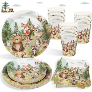 Mevronisshop-100pcs Vaisselle Animaux De La For&ecirc;t D&eacute;coration Assiettes Serviettes Gobelets Pour 25 Invit&eacute;s - Neuf