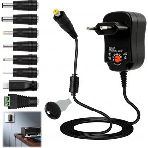 KALANKA-Adaptateur Secteur Universel R&eacute;glable 3v &agrave; 12v 12w, Alimentation AC vers DC avec S&eacute;lecteur De Tension, 7 Embouts Interchangeables, pour &eacute;lectronique Domestique, LED, Routeur - Neuf