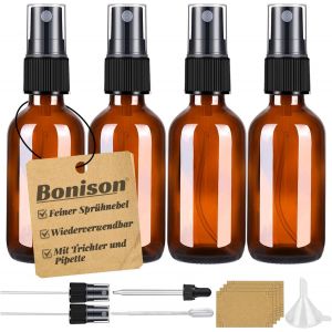 Lot de 4 flacons pulvérisateurs en verre marron-50 ml-Petit flacon pulvérisateur en verre avec atomiseur-Compte-gouttes en verre et entonnoir-Pour huiles essentielles,cosmétique - Neuf
