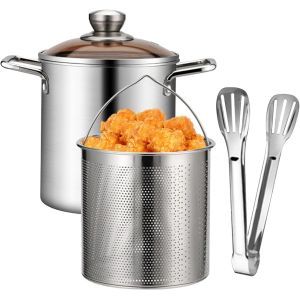 Mini Friteuse, Friteuse Avec Panier 3,2 Qt, Marmite À Frire Avec Panier, Couvercle Et Pinces, Marmite En Acier Inoxydable Pour Pâtes, Spaghettis, ?ufs Durs, Crevettes, Frites - Neuf