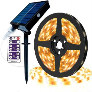 Bande Led Solaire D'extérieur Étanche À Intensité Variable Avec Télécommande,Minuterie,Port De Charge Usb,Autocollant,Décoration (Blanc Chaud,5 M,300 Led) - Neuf