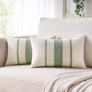 Cauc-Housse De Coussin Canape 30x50 Vert Sauge Boh&egrave;me Textur&eacute;e &Agrave; Rayures Tiss&eacute;es D&eacute;coratives Moderne Housse De Canap&eacute; Pour Maison Salon Chambre D&eacute;coration Lot De 2 - Neuf