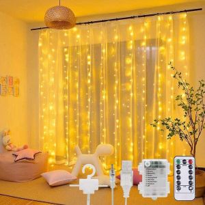 Rideau lumineux - Guirlande lumineuse 300 LED 3 m x 3 m, à piles, avec télécommande USB, 8 modes, étanche, pour Noël, intérieur, extérieur, fenêtre, fête, mariage - Neuf