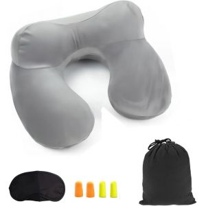 Oreiller De Voyage Gonflable Avec Vanne,Coussin De Cou Gonflable De Velours Doux Avec Bouchon D'oreille Et Masque Pour Les Yeux(Gris) - Neuf