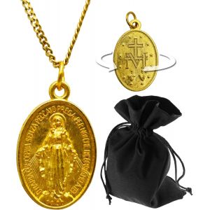 Kales-Médaille Vierge Marie-Béni-Pendentif Doré Avec Croix Arrière-Bijou Catholique Avec Gravure Italienne-Chaîne En Acier Inoxydable De 60 Cm-Cadeau De Baptême Communion Confirmation - Neuf