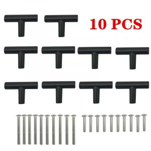 Lot de 10 poignées de placard en T à trou unique + 10 vis. Poignées de porte en T en acier inoxydable, poignées de tiroir, poignées d'armoire de cuisine, poignées de placard noires. - Neuf
