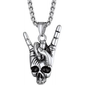 Kal-Collier Tête De Mort Homme Pendentif Crâne Moto/Balle De Fusil/Tête De Démon Satanique En Or/Noir/Acier Inoxydable Avec Chaîne Réglable 55+5 Cm Bijoux Gothique Hip Hop Pour Unisex - Neuf