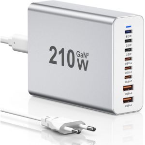 JGD-Chargeur USB C, 210W Alimentation USB C 8 Ports GaN PD 3.0 Chargeur Rapide avec Adaptateur Multi-Chargeur mâle Compatible avec iPhone 12/13/14/15 Series/MacBook Pro/Air/Samsung Galaxy S23/S22/S21 - Neuf