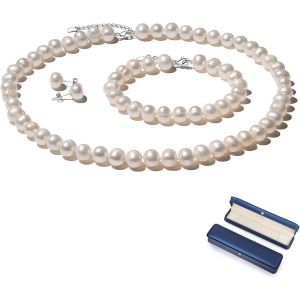 Ensemble Collier De Perles Et Boucles D'oreilles,Perle De Culture D'eau Douce De 7 À 7,5 Mm,Parure De Bijoux Avec Fermoir En Argent Sterling 925,Cadeau Pour Femme,Pour La Fête Des Mères,Un - Neuf