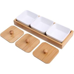 Checarzhn--No1-Assiette De Service D'apéritif En Céramique Avec Couvercle De Plateau En Bambou Pour Fruits, Noix, Desserts, Plateau À Collation À 3 Compartiments Écologique, Sans Bpa, - Neuf
