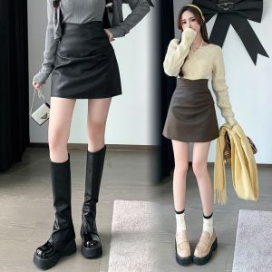 Q Automne Et Hiver Design Jupe Plissée Petite Jupe En Cuir Jupe Femme Pu Hanche Taille Haute Plissée Jupe Courte Trapèze - Neuf