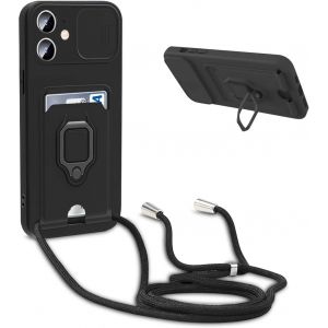 Ayu-Coque Avec Cordon Pour Iphone 11,Collier Pour Étui Colliers De Cellulaire Réglable Corde Silicone Souple Case,Protection De La Caméra,Support,Porte Cartes - Noir - Neuf