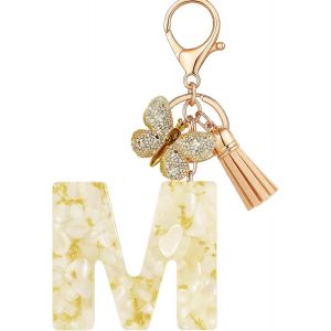 KAL-Porte-Cl&eacute;s Beige Avec Lettre Porte-Cl&eacute;s Fille Initiale Cadeau Femmes Porte-Cl&eacute;s Papillon D&eacute;corer Pour Sac Sac &Agrave; Dos Porte-Clef Gland Or Porte-Clef Femme A-Z - Neuf