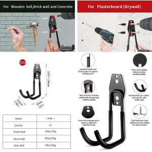 CAUC-Crochet Mural Garage 10PC, Rangement Garage,Crochet Mural en Acier Avec 3 Soudures au Lieu de 2 Plus Fortes pour &Ecirc;chelle,V&eacute;los,Tuyaux,Outils &eacute;lectriques(Noir) - Neuf