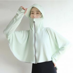 Veste A Capuche De Protection Solaire En Soie Glacee, Chemise De Soleil A Manches Longues Avec Trou Pour Le Pouce Pour Masque, Chemise Courte Rafraichissante A Capuche Pour Femme Avec Bord Long, Vert Fruit - Neuf