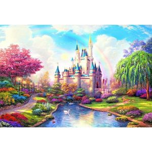 Ayuhr-Peinture Diamant Château 50x40 Cm - Square Diamond Painting Maison De Campagne - Paysage Nature Avec Cygne Et Fleur De Cerisier - Neuf