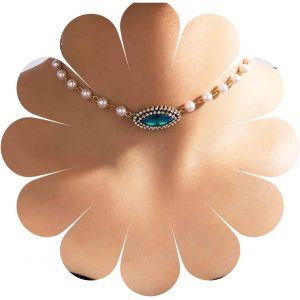 Kal-Collier Ras Du Cou En Perles Boho Collier Pendentif En Cristal Bleu Clair Collier Chaîne Perle Vintage Collier Ovale Topaze Bleu Ciel Collier Chaîne Bijoux Pour Femmes Et Filles - Neuf