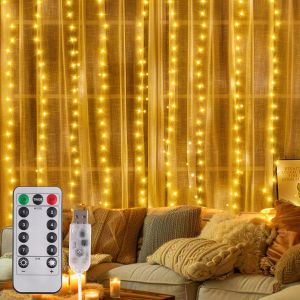 Rideau Lumineux Exterieur 3m X 3m Rideau X 300 Led 8 Modes Rideau Led,Guirlande Rideau Lumineuse D'eclairage Usb Télécommande,Blanc,Chaud Pour Noël,Mariage,Anniversaire - Neuf