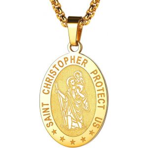 Kal-M&eacute;daille Saint Christophe Femme Homme Pendentif St Patrons Catholique Religieux Collier Amulette De Protection Plaqu&eacute; Or/Noir/Acier Inoxydable Bijoux Porte Bonheur (Bo&icirc;te Cadeau) - Neuf