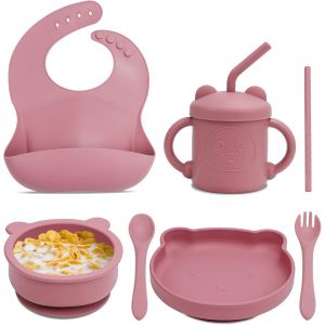 Kal-Coffret Repas Bebe, Set Vaisselle Silicone Repas Bébé De 7 Pièces,Bol Et Assiette Bébé Ventous Bavoir Bebe Couvert Enfant Tasse Apprentissage Et Paille Pour Lave Vaisselle Et Au Micro Onde,Rose - Neuf