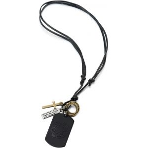 Kal-Homme Bronze Croix Noir Dog Tag Pendentif Avec Etoile - Cuir Collier R&eacute;glable Corde - Vintage - Neuf