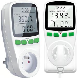 Wattm&egrave;tre Prise Compteur D'&eacute;nergie, Prise Compteur D'&eacute;nergie Num&eacute;rique, &Eacute;cran LCD, 230 V, Puissance Maximale 3600 W, Courant Maximal 16 A, 75 X 147 X 75 mm, Surcharges De Protection, Blanc - Neuf