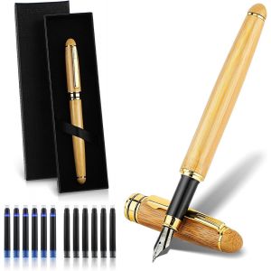 Lot de stylos-plume en bambou fabriqués à la main avec convertisseur d'encre,coffret cadeau et 12 cartouches d'encre de 2,6 mm,stylo d'écriture à pointe fine,stylo de calligraphie de luxe - Neuf