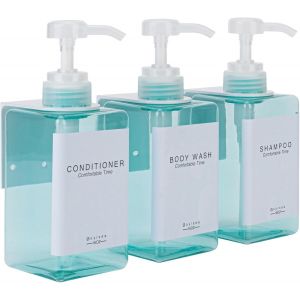 KAL-Flacons Rechargeables Pour Shampooing Et Après-Shampoing - Distributeur Mural Pour Douche Avec Pompe Sans Perçage (3 Bouteilles, 3 Supports Muraux, Bleu) - Neuf
