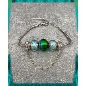 Bracelet - Bijouxia - 3 Perles Verre Murano Bleu/Vert - Argent 925 Rhodi&eacute; - Longueur 18/21 Cm - Neuf