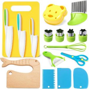 Mevronisshop-Kit Ustensile Cuisine Enfant - Lot De 17 Avec Couteau Bebe, Planche &Agrave; D&eacute;couper Et &Eacute;plucher - Pour Fruits, Pain, L&eacute;gumes - Montessori - Neuf