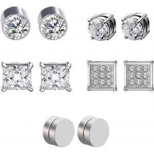 Meimie-5 Paires Boucles D'oreillesmagnétique Set,Boucle D'oreille Aimant Homme,Hypoallergéniques Boucle D'oreille Aimant Femmes Pour Anniversaires(Argent) - Neuf