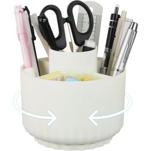 Organisateur de Bureau Rotatif &agrave; 360, 11 x 12 cm Pot a Crayon Rangement avec 5 Compartiments, Porte Stylo Bureau Enfant Blanc pour Papeterie, Maquillage, Arts et Artisanat - Neuf