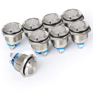 8 pièces 16mm 2A 12V/24V/125V/250VAC Bouton Poussoir Etanche Momentané avec Bornes à Vis Bouton Poussoir en Acier Inoxydable (Tête Plate) - Neuf