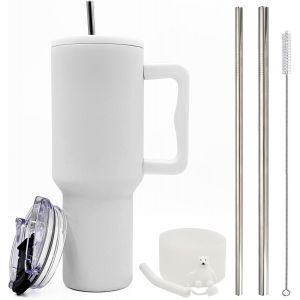 Tzf-Gobelet &Agrave; Caf&eacute; &Agrave; Emporter 1200 Ml - Double Paroi En Acier Inoxydable - Avec Poign&eacute;e Et Paille - Tasse Thermique Pour Voiture - Tasse &Agrave; Caf&eacute; Pour Boissons Chaudes Et Froides - 05 - Blanc - Neuf