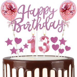 ERYI-Lot De 13 Bougies D'Anniversaire À Paillettes Gâteau D'Anniversaire 13 Ans - Ballons Roses « Happy Birthday » - Décorations De Cupcakes En Forme D'Étoile/C?ur Filles Et Femmes Lztzfs13 - Neuf